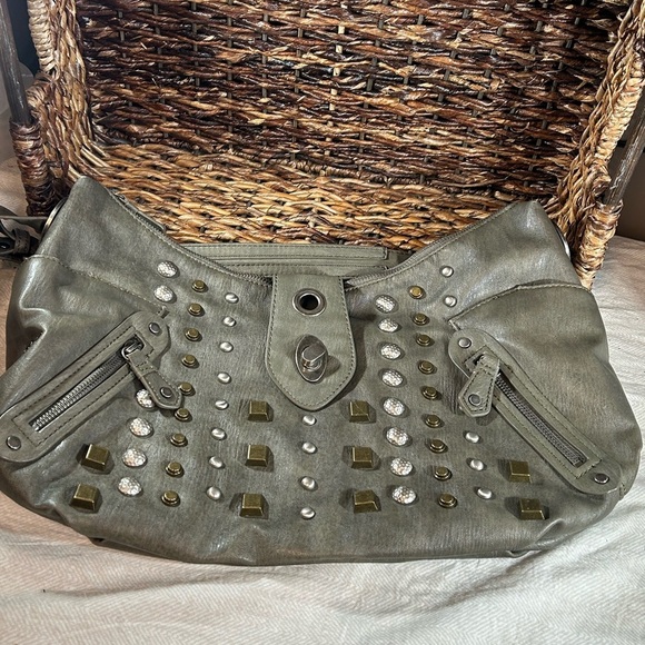 Jessica Simpson gray handbag | Silver & Gold colored studs | Shoulder Strap - Picture 1 of 5